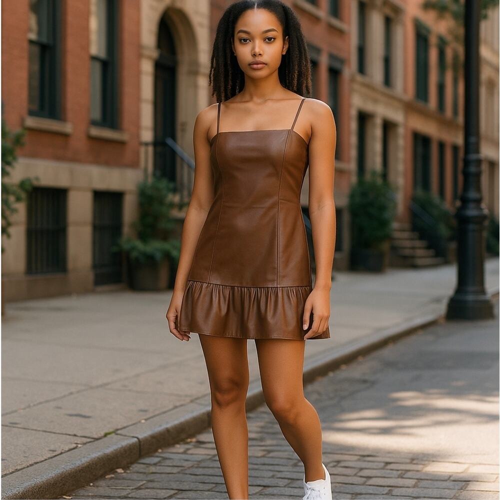 Zara Brown Faux Leather Mini Dress Spaghetti Strap Bodycon Ruffle Hem Medium